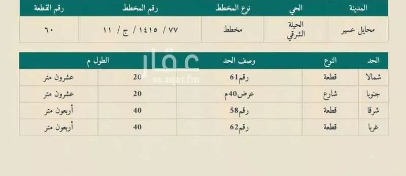 أرض للبيع في شارع مارية القبطية, حي الحيلة الشرقي, مدينة محائل, منطقة عسير 1 صورة