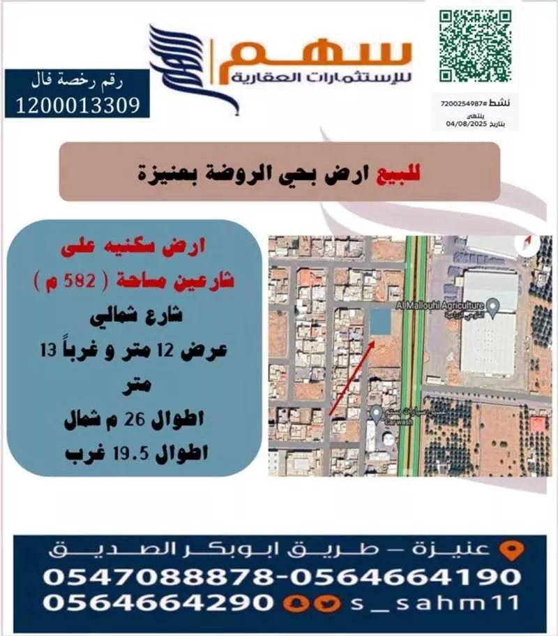 أرض للبيع في شارع أبي عبد الله السمرقندي ، حي الفيحاء ، عنيزة ، عنيزة 1 صورة