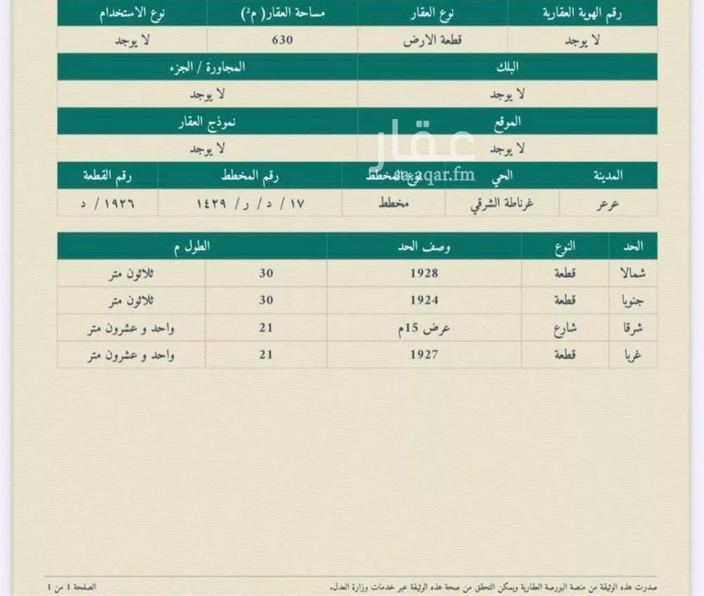 أرض للبيع في شارع العريسه, حي غرناطة الشرقي, مدينة عرعر, منطقة الحدود الشماليه 1 صورة
