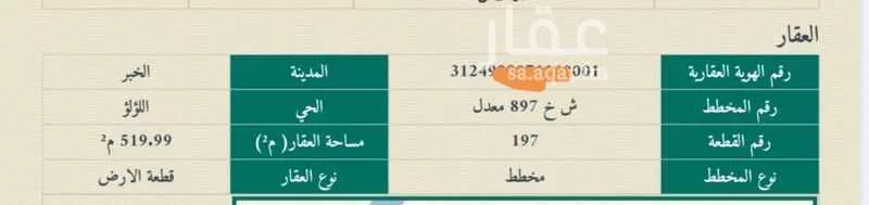 أرض للبيع في شارع عبدالرحمن ابن كعب الانصاري, حي اللؤلؤ, مدينة الخبر, المنطقة الشرقية 1 صورة