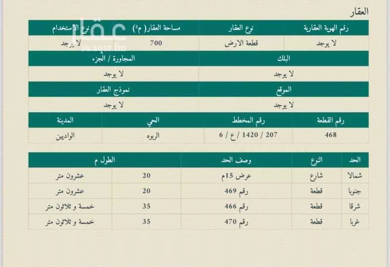 أرض للبيع في شارع 840419, حي العنود, مدينة احد رفيدة - الواديين, منطقة عسير 1 صورة