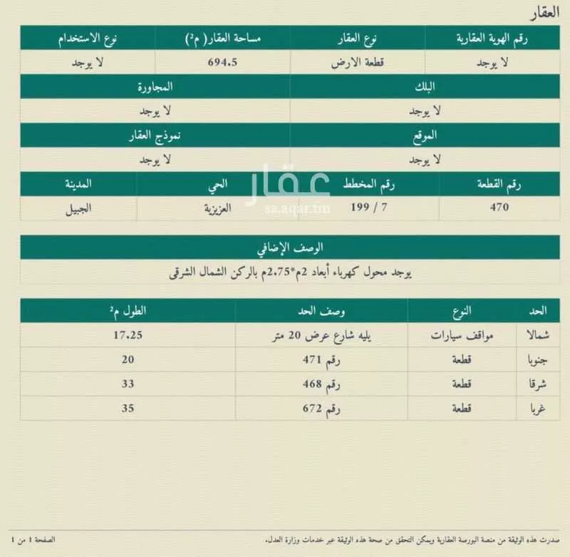 أرض للبيع في شارع العلاء بن سعد ، حي الروضة ، الجبيل ، الجبيل 1 صورة