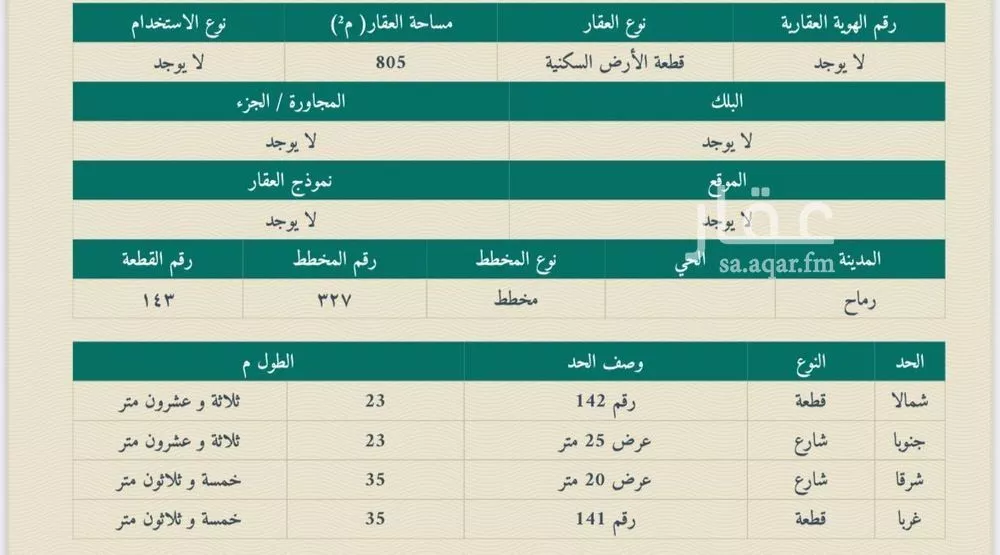 أرض للبيع في شارع الاديم, حي الزهور, مدينة رماح, منطقة الرياض 1 صورة