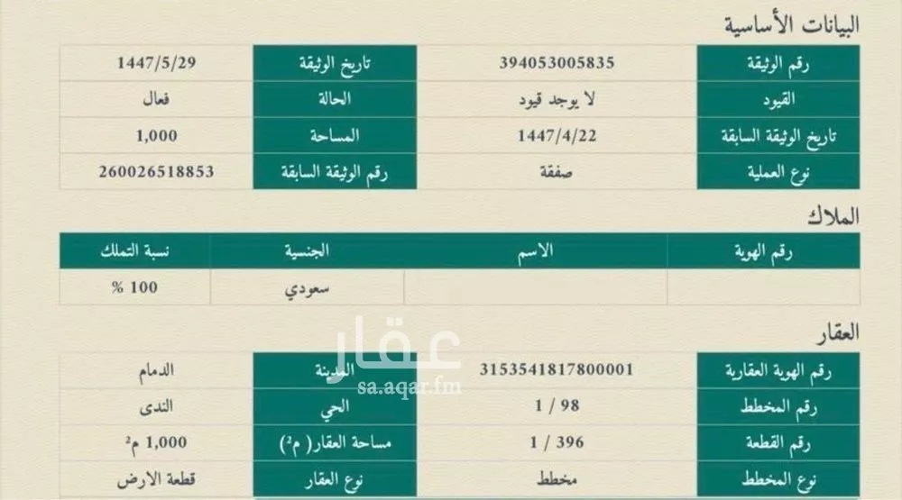 أرض للبيع في شارع حسان ابن عطية, حي الندى, مدينة الدمام, المنطقة الشرقية 1 صورة