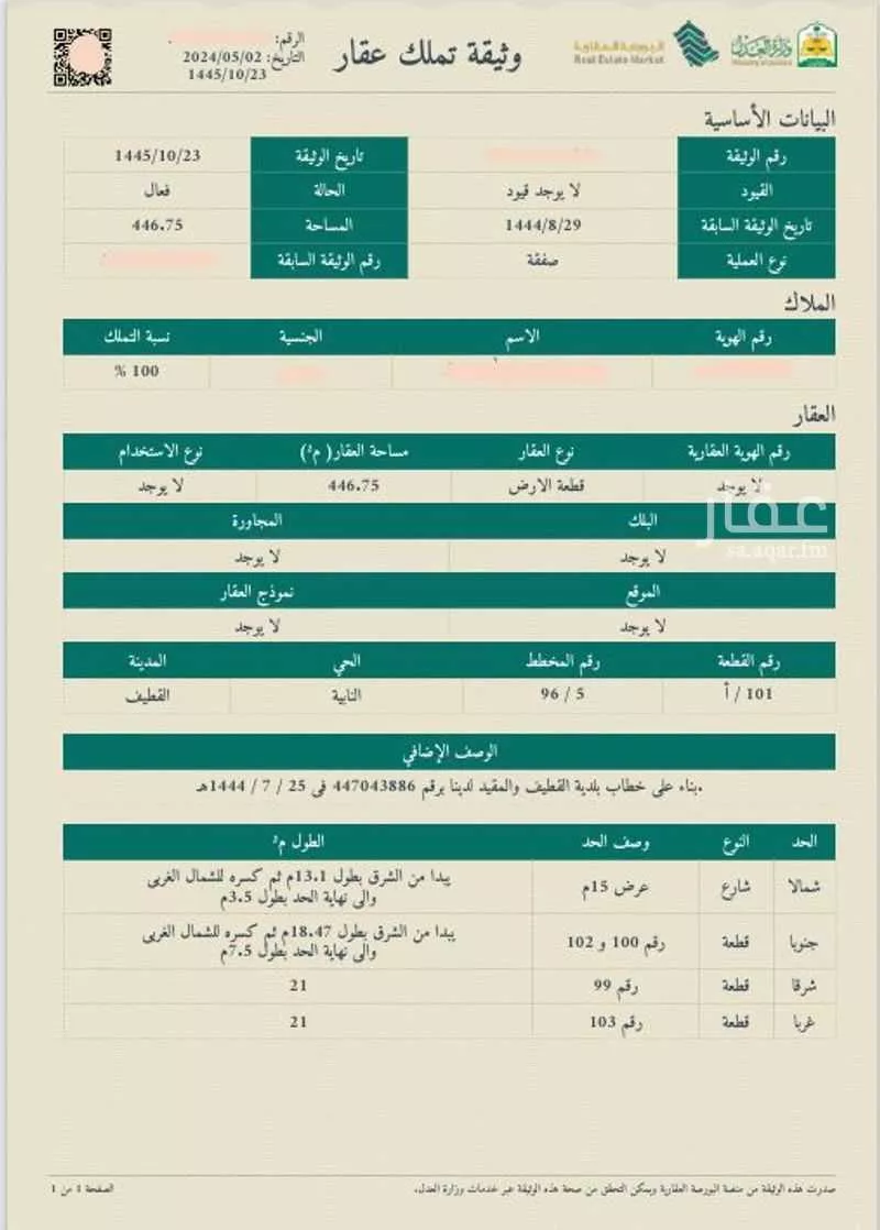 أرض للبيع في شارع حاطب بن عمرو بن عتيك, حي النابية, مدينة القطيف, المنطقة الشرقية 1 صورة