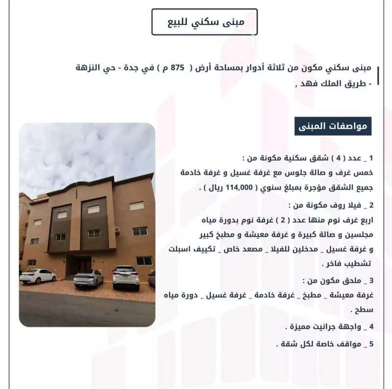 عمارة للبيع في شارع عبدالرحمن الجرادي, حي النزهة, مدينة جدة, منطقة مكة المكرمة 1 صورة