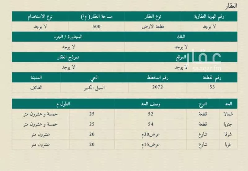 أرض للبيع في شارع خالد ابن اياس, حي القهيب, مدينة امارة منطقة مكة المكرمة - الطائف, منطقة مكة المكرمة 1 صورة