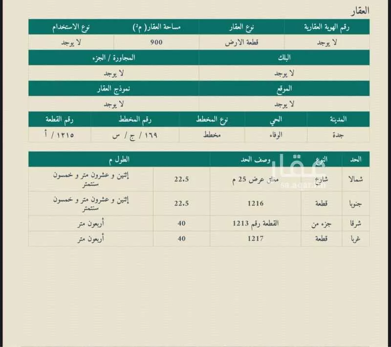 أرض للبيع في شارع 19260872, حي الوفاء, مدينة جدة, منطقة مكة المكرمة 1 صورة