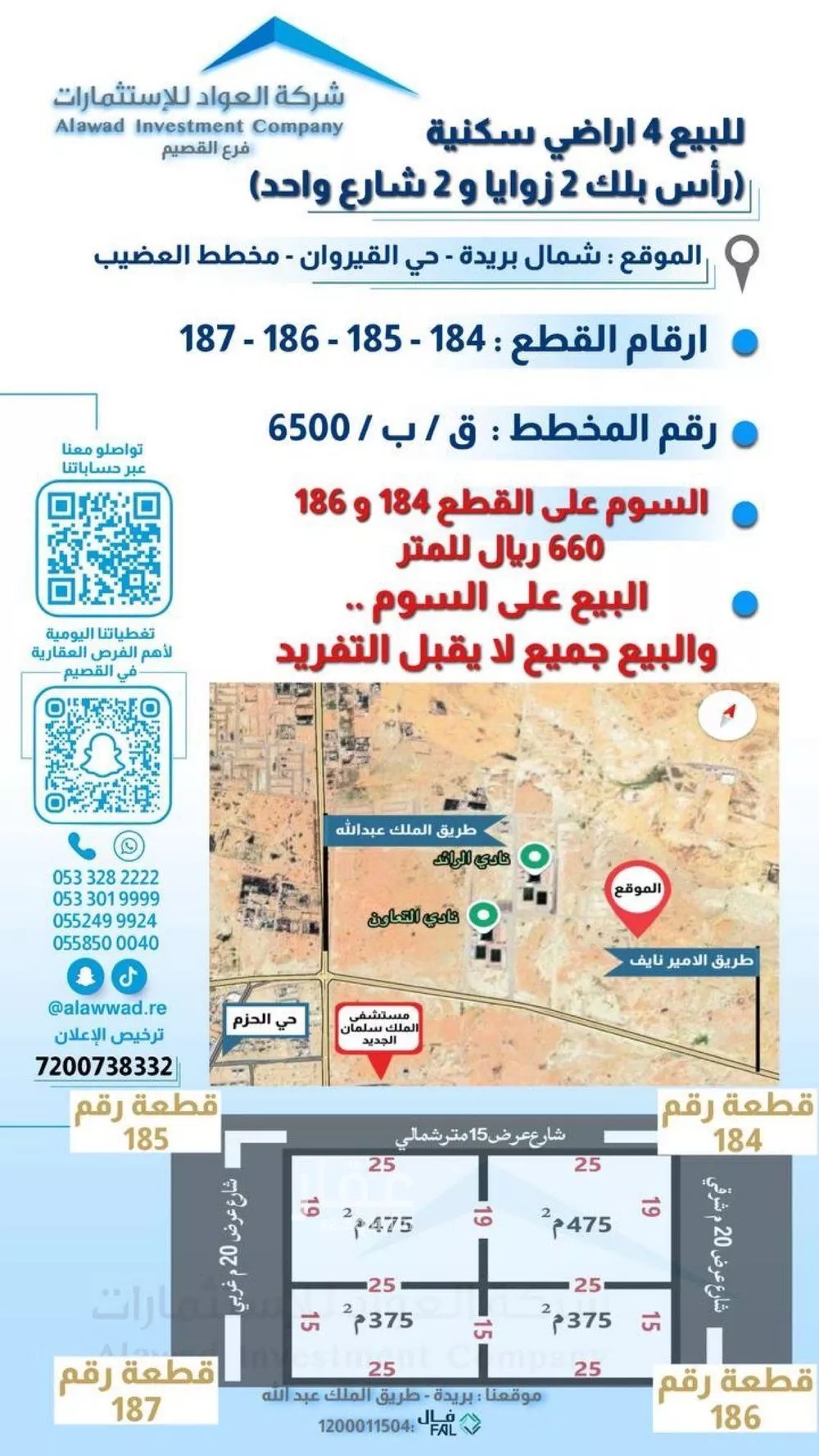 أرض للبيع في شارع الشقة العليا 742, حي الوطاة, مدينة بريدة, منطقة القصيم 1 صورة