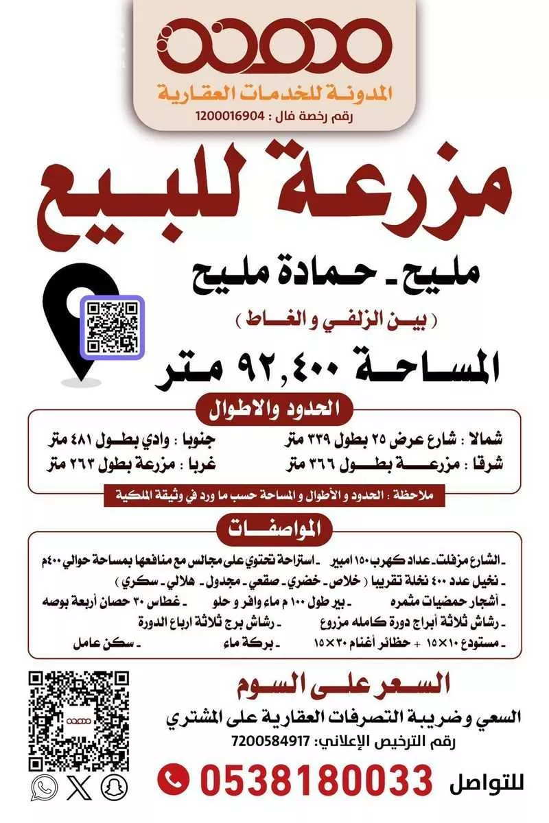 مزرعة للبيع في حي مزارع حمادة مليح الشماليه, مدينة مزارع حمادة مليح الشماليه, منطقة الرياض 1 صورة