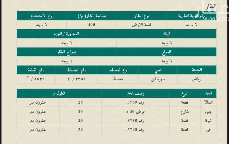 أرض للبيع في شارع النبقين, حي ظهرة لبن, مدينة الرياض, منطقة الرياض 1 صورة
