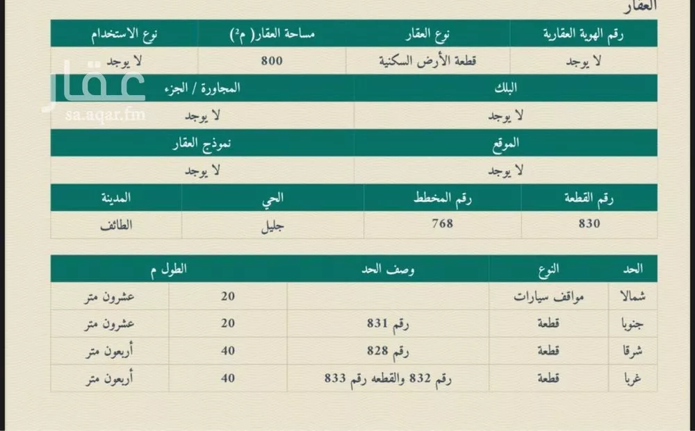 أرض للبيع في شارع جليل, حي أوالة, مدينة امارة منطقة مكة المكرمة - الطائف, منطقة مكة المكرمة 1 صورة
