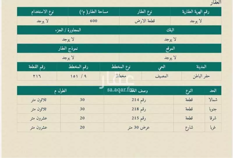 أرض للبيع في شارع الوليد بن عبدالملك, حي المصيف, مدينة حفر الباطن, المنطقة الشرقية 1 صورة