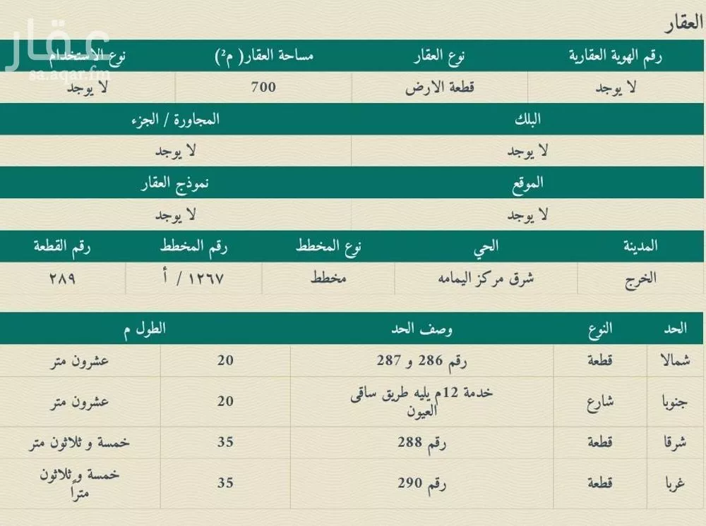 أرض للبيع في شارع ادريس بن مرير, حي البساتين, مدينة الخرج, منطقة الرياض 1 صورة