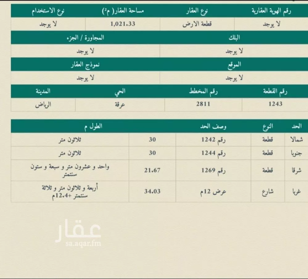 أرض للبيع في شارع بيهق, حي عرقة, مدينة الرياض, منطقة الرياض 1 صورة
