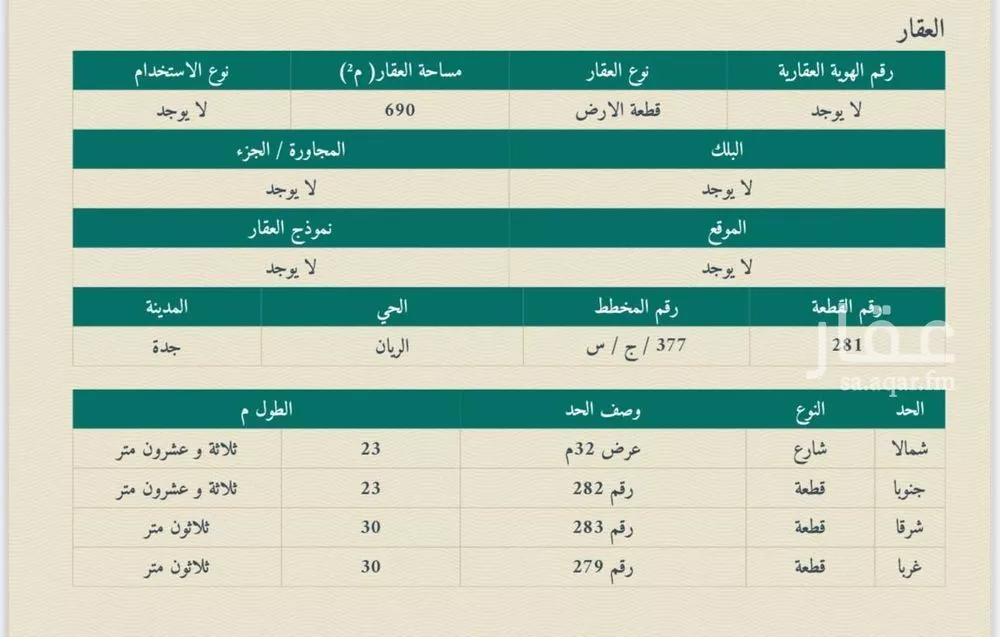 أرض للبيع في شارع جعفر المعتصم, حي الريان, مدينة جدة, منطقة مكة المكرمة 1 صورة