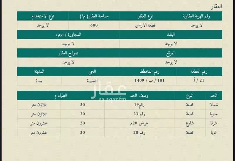 أرض للبيع في شارع يحيىى بن عبدالله, حي الفضيلة, مدينة جدة, منطقة مكة المكرمة 1 صورة