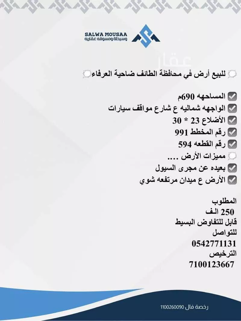 أرض للبيع في شارع ٠٠٠٠, حي ضاحية العرفاء, مدينة امارة منطقة مكة المكرمة - الطائف, منطقة مكة المكرمة 1 صورة
