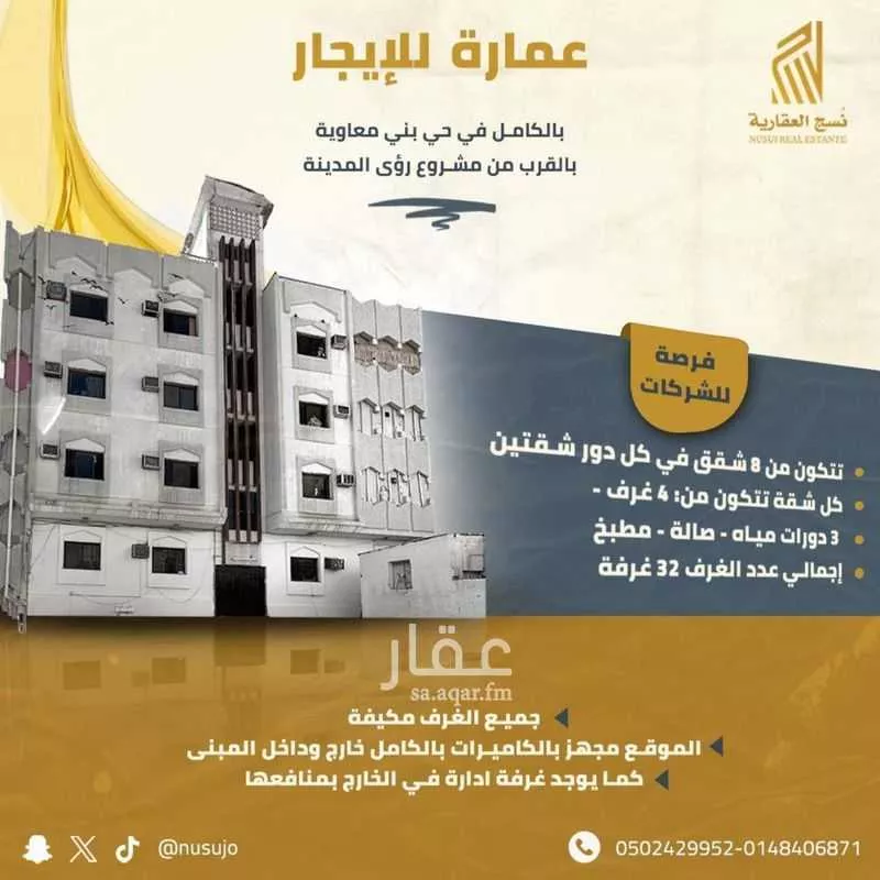 عمارة للإيجار في شارع ام الحارث بنت مالك ابن الانصارية, حي بنى معاوية, مدينة المدينه المنوره, منطقة المدينة المنورة 1 صورة
