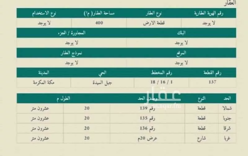 أرض للبيع في شارع المستنير الخزاعي, حي الأندلس, مدينة مكة المكرمة, منطقة مكة المكرمة 1 صورة