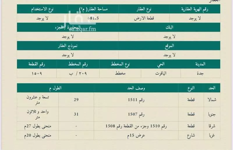 أرض للبيع في شارع هليل مطلق حازم المطيري, حي الياقوت, مدينة جدة, منطقة مكة المكرمة 1 صورة
