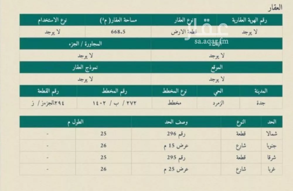 أرض للبيع في شارع عبدالوهاب التنوخي, حي الزمرد, مدينة جدة, منطقة مكة المكرمة 1 صورة