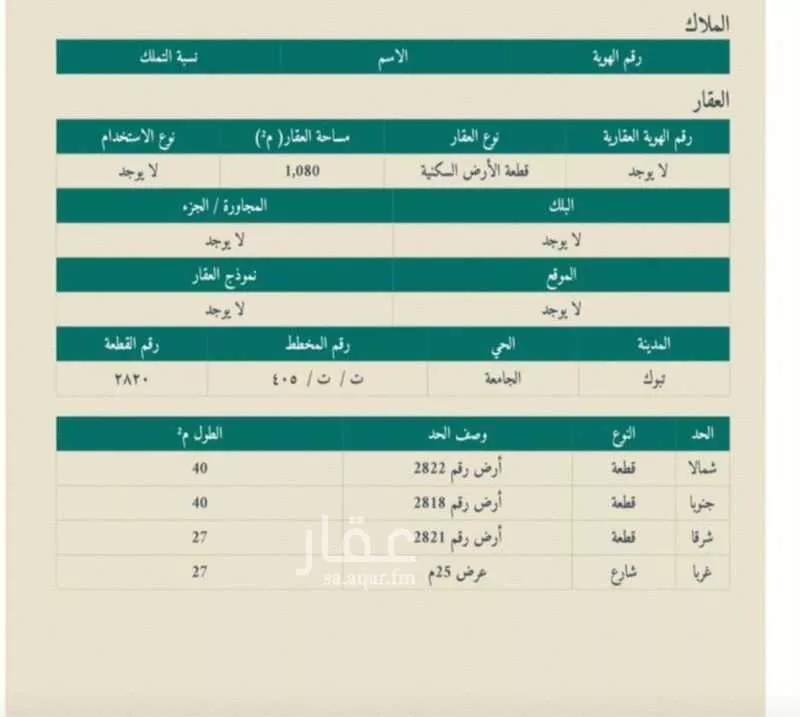 أرض للبيع في شارع الفنار, حي الجامعة, مدينة تبوك, منطقة تبوك 1 صورة