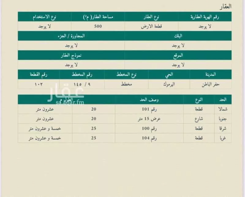 أرض للبيع في شارع اليرموك 101, حي اليرموك, مدينة حفر الباطن, المنطقة الشرقية 1 صورة