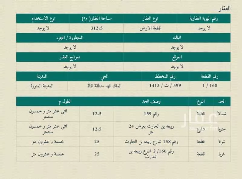 أرض للبيع في شارع ربيعة ابن الحارث ابن عبدالمطلب, حي الملك فهد, مدينة المدينه المنوره, منطقة المدينة المنورة 1 صورة