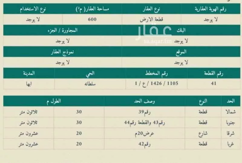أرض للبيع في حي سلطانة, مدينة ابها, منطقة عسير 1 صورة