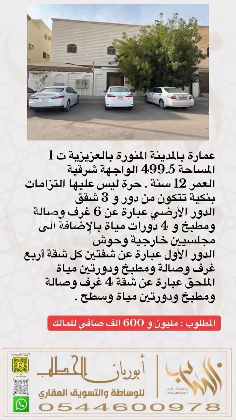 عمارة للبيع في شارع العلاء ابن عمرو الانصاري, حي العزيزية, مدينة المدينة المنورة, منطقة المدينة المنورة 1 صورة