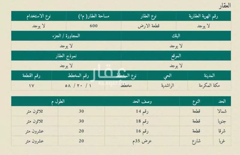 أرض للبيع في شارع رشيد ابن مالك السعدي, حي الراشدية, مدينة مكه المكرمه, منطقة مكة المكرمة 1 صورة
