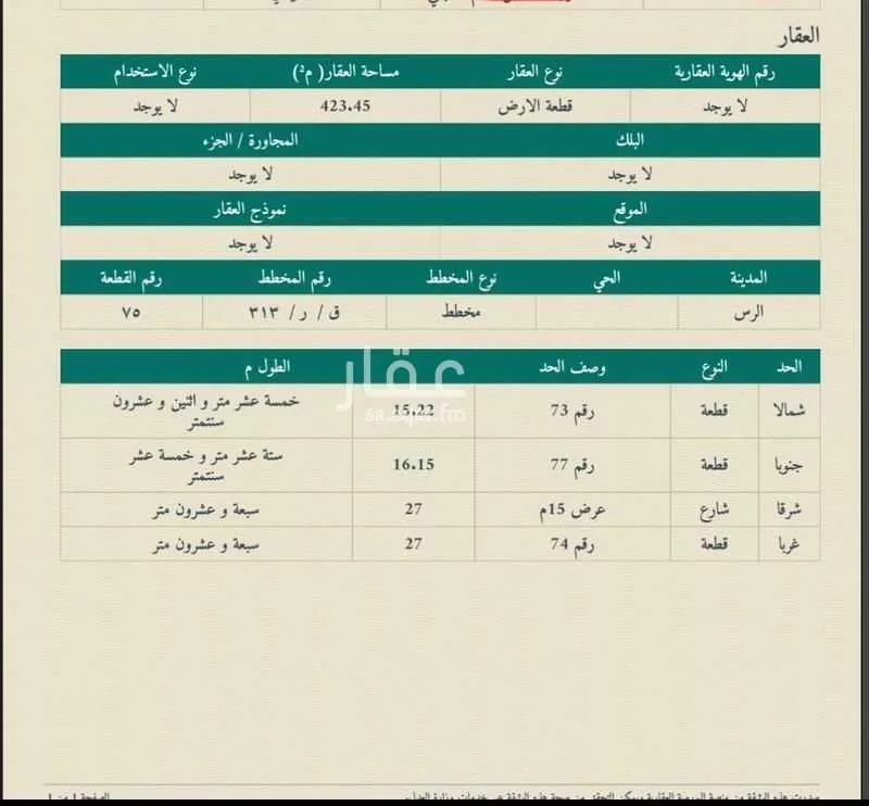 أرض للبيع في شارع سهل الساعدي ، حي السعادة ، الرس ، الرس 1 صورة