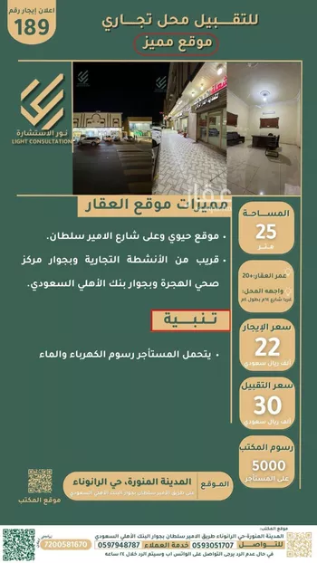 محل للإيجار في شارع هارون بن موسى بن ابي علقمة, حي الرانوناء, مدينة المدينه المنوره, منطقة المدينة المنورة