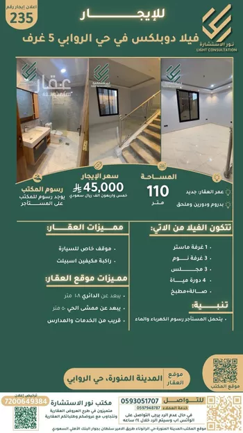 فيلا للإيجار في شارع بصرة ابن ابي بصرة, حي الروابي, مدينة المدينه المنوره, منطقة المدينة المنورة