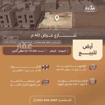 أرض للبيع في شارع عمير بن سنان بن عرفطة, حي المهدية, مدينة الرياض, منطقة الرياض