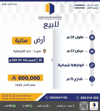 أرض للبيع في شارع اوس ابن ثابت ابن المنذر, حي الفيصلية, مدينة صبياء, منطقة جازان