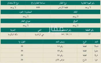 أرض للبيع في حي الراشدية, مدينة مكه المكرمه, منطقة مكة المكرمة