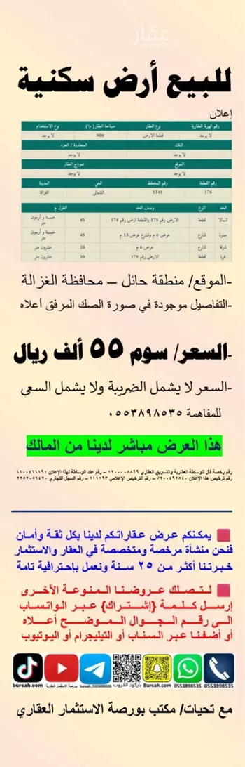 أرض للبيع في شارع الحوذان, حي القدس الغربي, مدينة عرعر, منطقة الحدود الشماليه