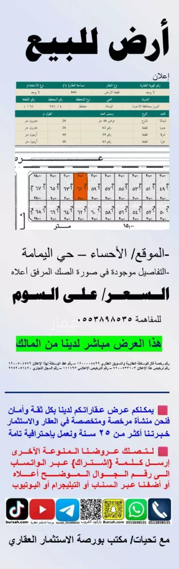 أرض للبيع في شارع خليد بن قيس السلمي, حي اليمامة, مدينة الاحساء, المنطقة الشرقية