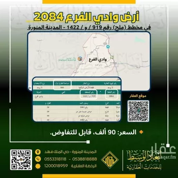 أرض للبيع في حي مخطط وادي  الفرع, مدينة وادي  الفرع, منطقة المدينة المنورة
