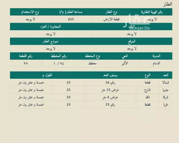 أرض للبيع في شارع ابو بكر بن عثمان, حي الأثير, مدينة الدمام, المنطقة الشرقية