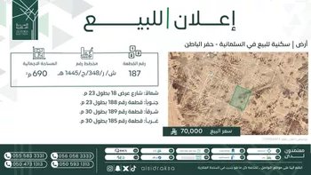 أرض للبيع في شارع السلمانية, مدينة حفر الباطن, المنطقة الشرقية
