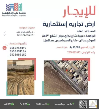 أرض للإيجار في شارع شارع الامير ناصر بن عبد العزيز, حي الرحاب 2, مدينة جازان, منطقة جازان