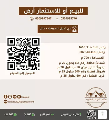 أرض للبيع في شارع بيت المقدس, حي شرق السويفلة, مدينة حائل, منطقة حائل