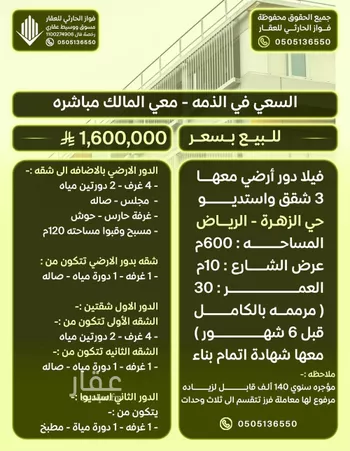 فيلا للبيع في شارع سلم بن زياد, حي الزهرة, مدينة الرياض, منطقة الرياض