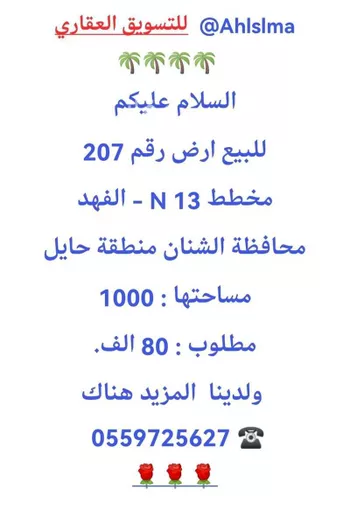 أرض للبيع في حي السلام, مدينة الشنان, منطقة حائل