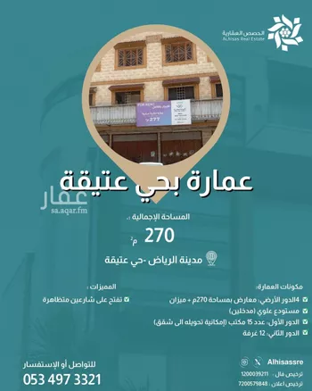 عمارة للإيجار في شارع أبي زكريا بن العوام, حي عتيقة, مدينة الرياض, منطقة الرياض