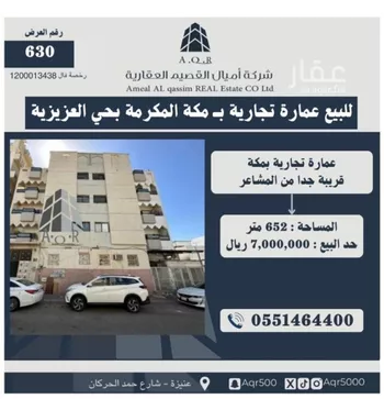 عمارة للبيع في شارع شارع الشيخ عبدالله بن عبيد, حي العزيزية, مدينة مكه المكرمه, منطقة مكة المكرمة
