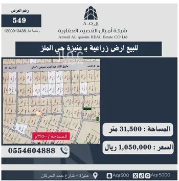 أرض للبيع في حي مزارع جنوب المدينة والبربك, مدينة مزارع جنوب المدينة والبربك, منطقة القصيم